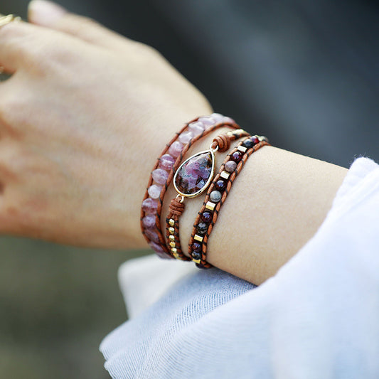 Leather Wrap Bracelet with Gemstone Beads & Charm