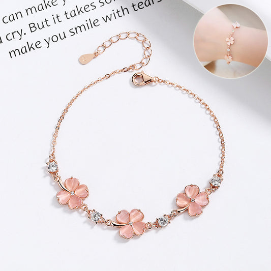 Delicate Pink Flower Bracelet with Crystal Accents