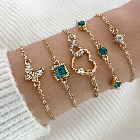 Multi-Chain Bracelet Set with Green Gems & Charms