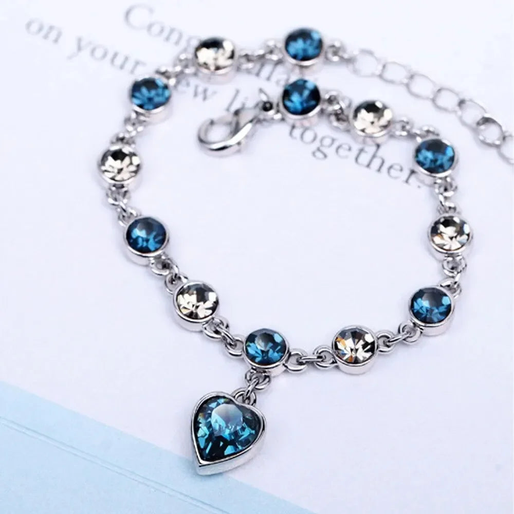 Silver Bracelet with Blue Crystal Heart - Romantic Gift