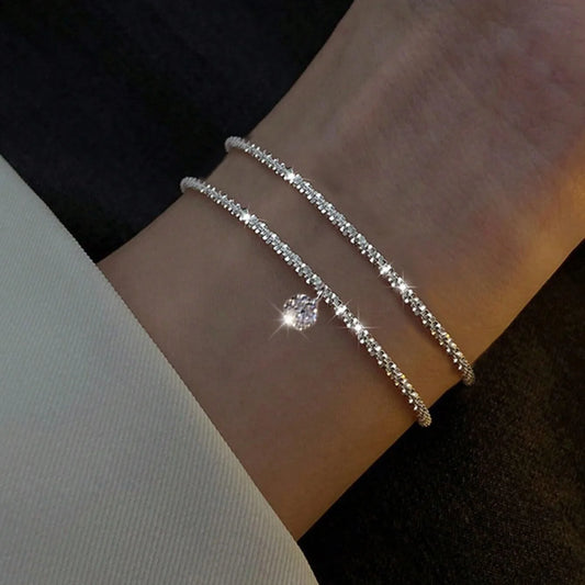 Silver Chain Bracelet Set with Heart Charm - Gift for Her