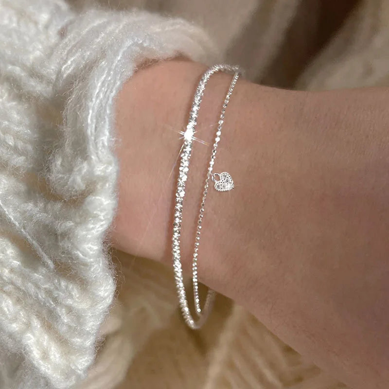 Silver Chain Bracelet Set with Heart Charm - Gift for Her