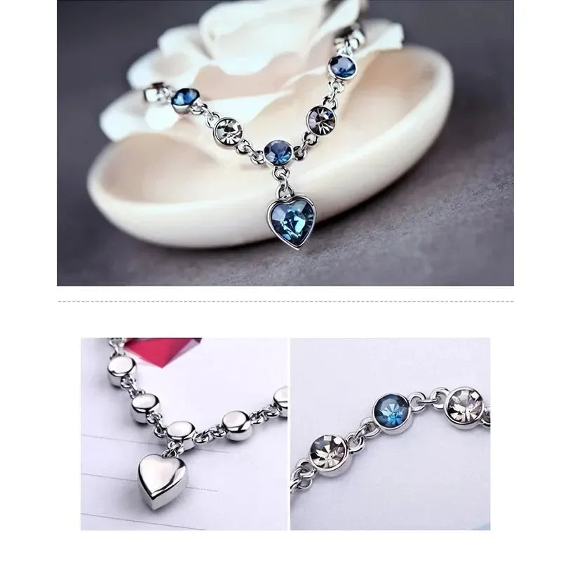 Silver Bracelet with Blue Crystal Heart - Romantic Gift