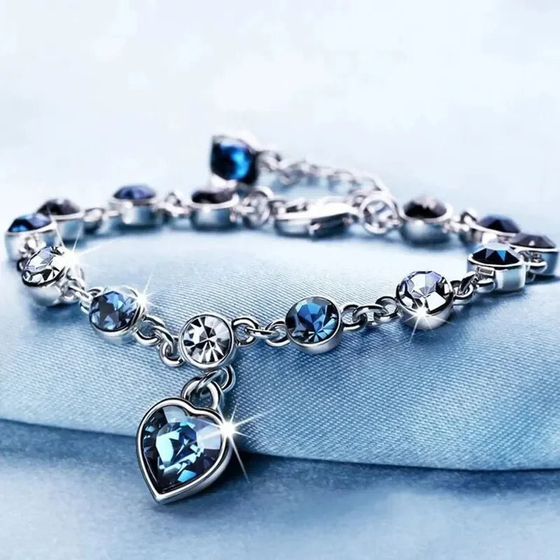 Silver Bracelet with Blue Crystal Heart - Romantic Gift