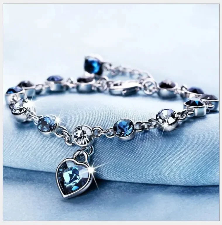 Silver Bracelet with Blue Crystal Heart - Romantic Gift